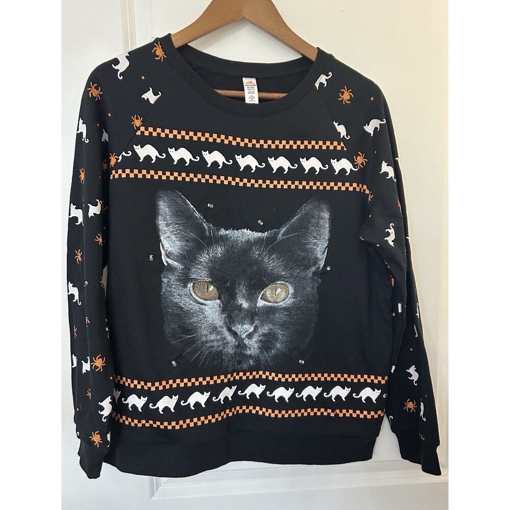 Black Cat Light Up Sweatshirt Womens XL 15-17 Halloween Cat Mom Graphic Pullover - Picture 2 of 9